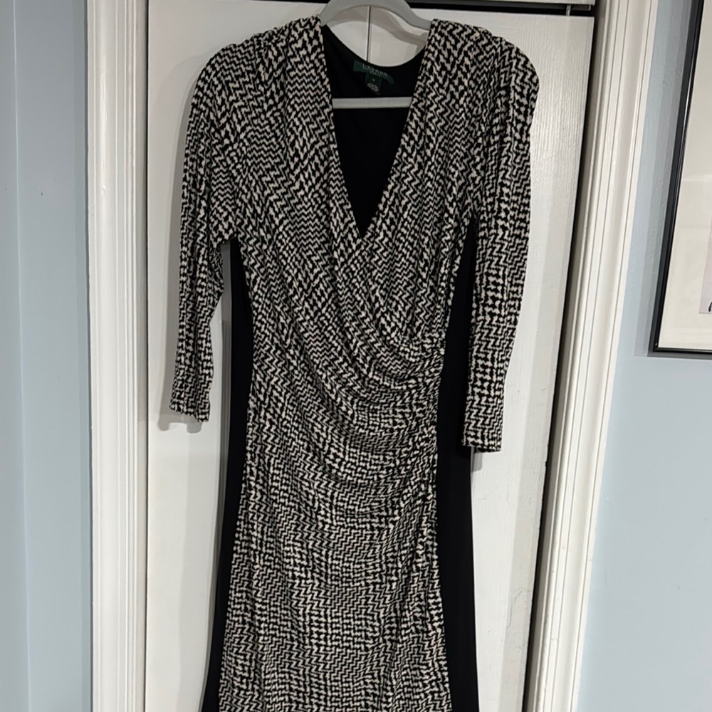 Ralph Lauren Black and White Ruched Wrap Dress
